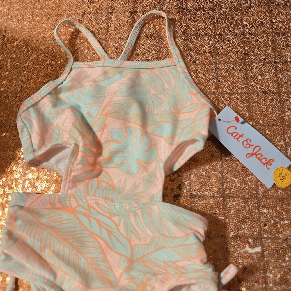 Cat & Jack Girls One Piece Swimsuit Palm Leaf Print Cutout‎ Sides Size 2T